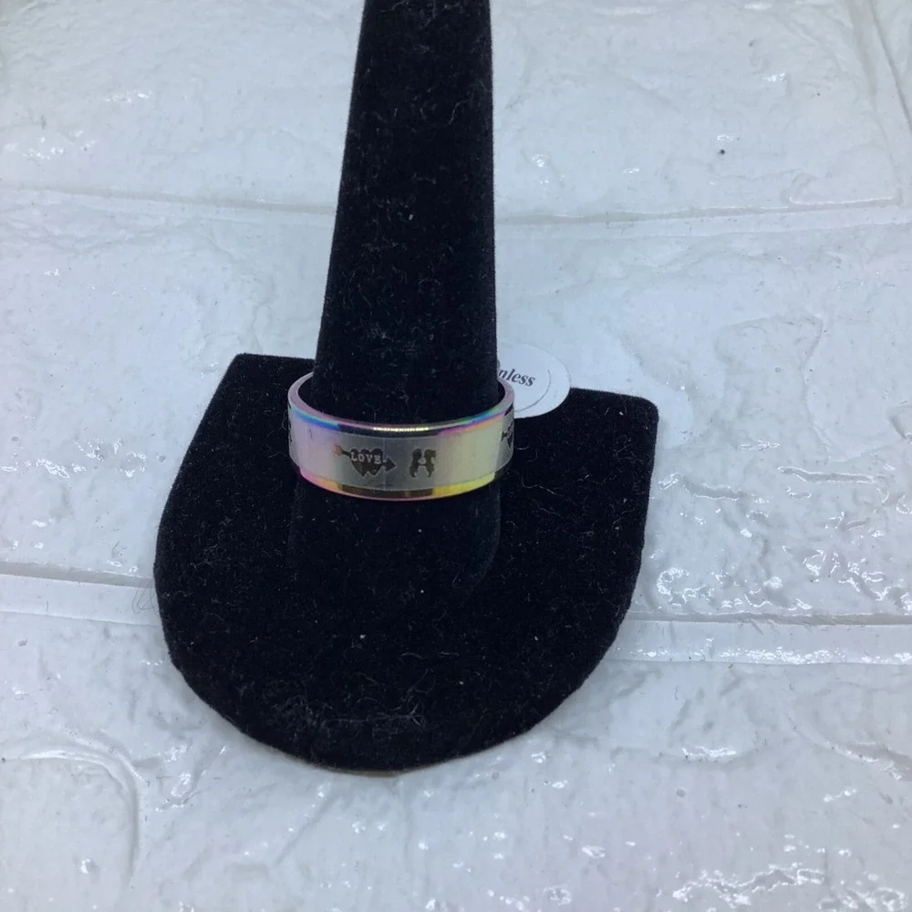 Rainbow Love Ring Unisex Size 12 Silver‎ Tone Stainless Steel Metallic Band Ring